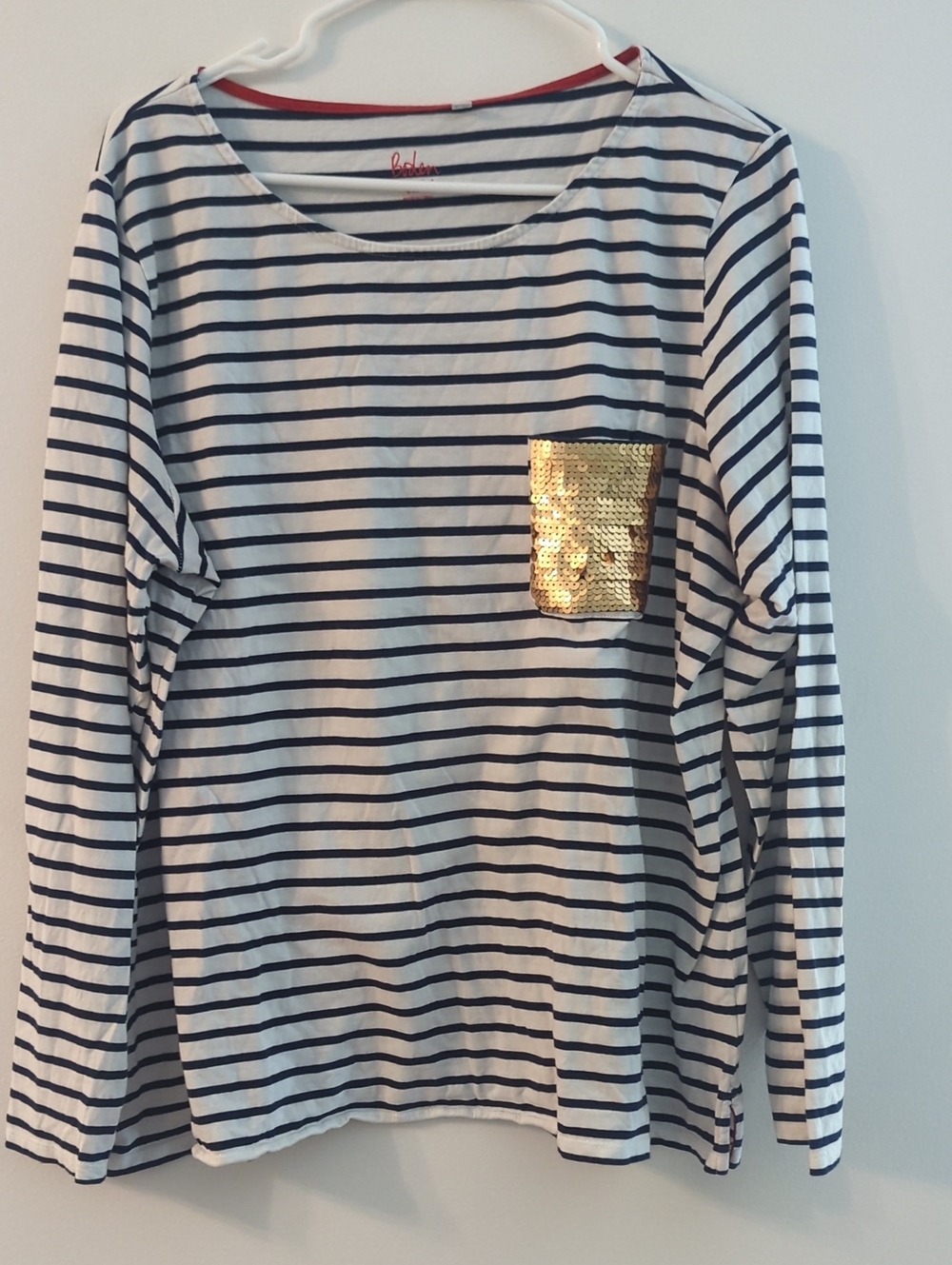Boden Navy & White Striped Long-Sleeve Top with Gold Sequin Pocket (US 18)